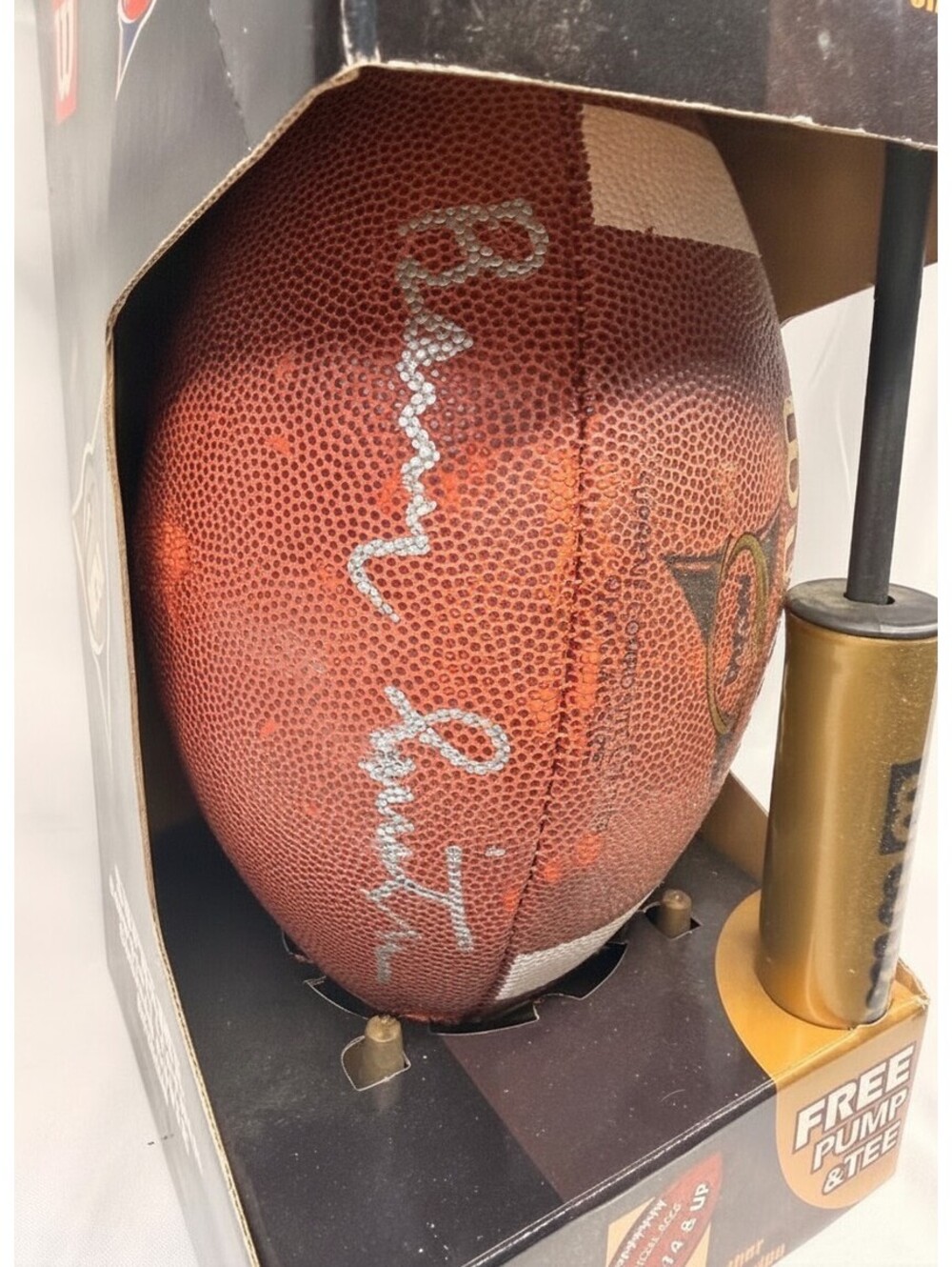 Barry Switzer Signed football New Box Pump & Tee Wilson